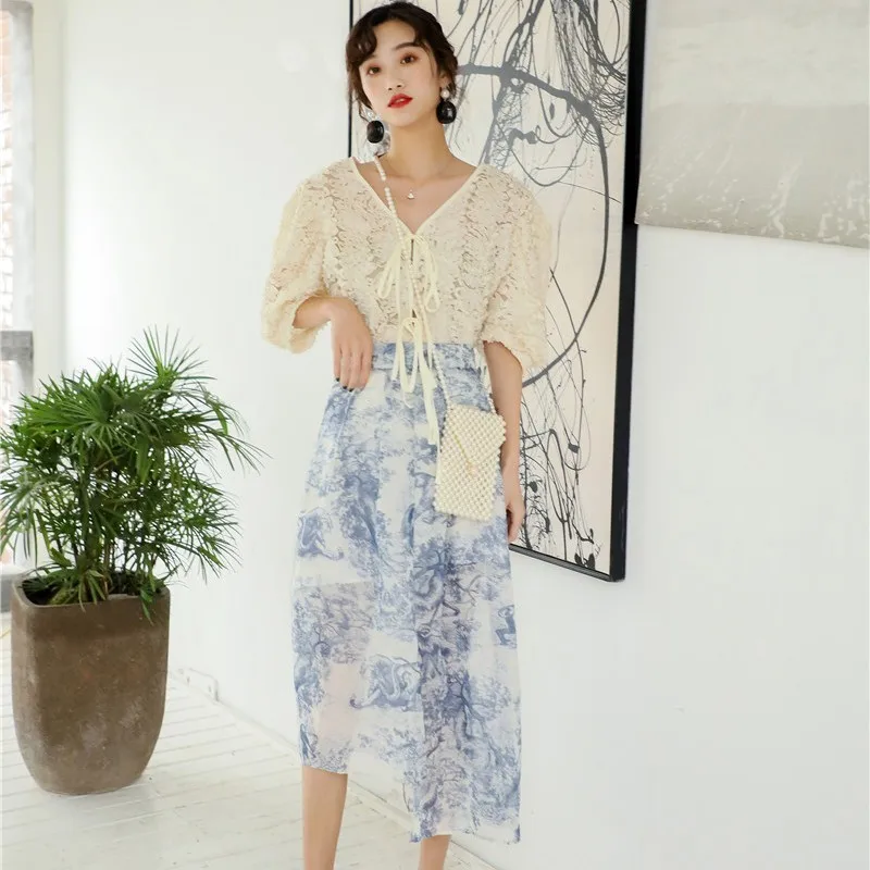 GALCAUR أنيقة النساء اثنين من قطعة مجموعة V الرقبة نفخة كم الضمادات قمم طباعة عالية الخصر غير المتكافئة ميدي تنورة الإناث دعوى الربيع