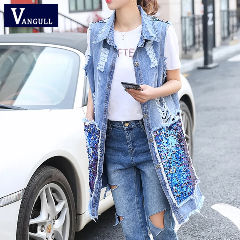 

Vangull 2019 Spring Summer New Style Women Back Sequined Denim Vest Korean version Hole Long Open Stitch Coat Female Jean Vest
