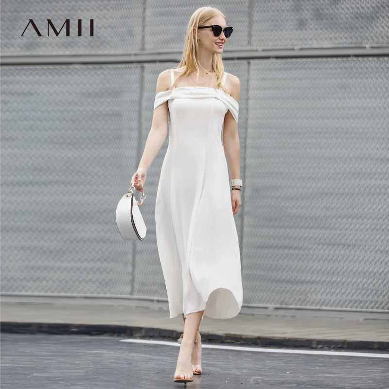 

Amii Women Minimalist 2018 Summer Dress Elegant Off Shoulder Strapless Bandage Bow Female Dresses