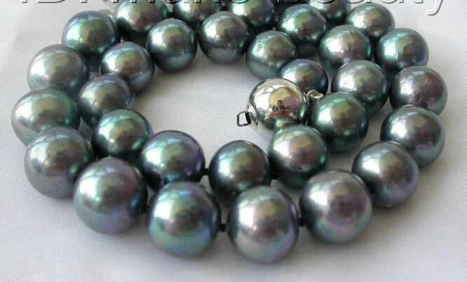 

fast stunning big 13mm perfect round black freshwater pearl necklace silver (A0501)