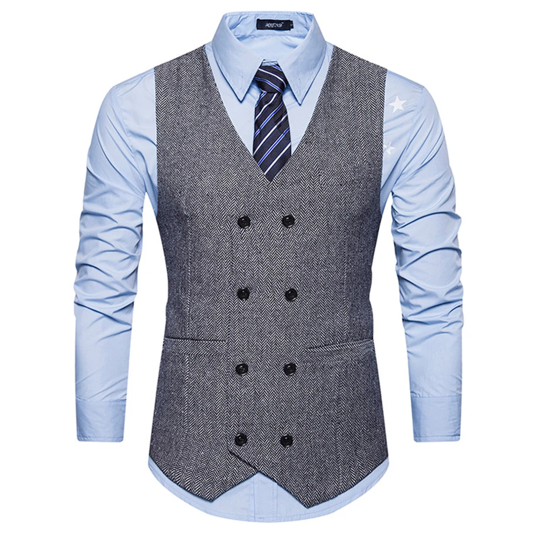 blue shirt with vest