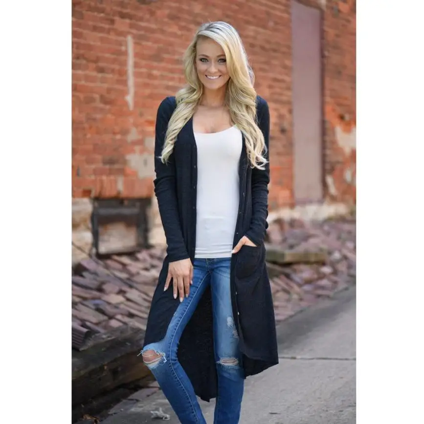 New Fashion Autumn Medium-long Women's Cardigan 2017 Sweater female Vintage elegant pocket Knitted Outerwear Cape Tops JY14