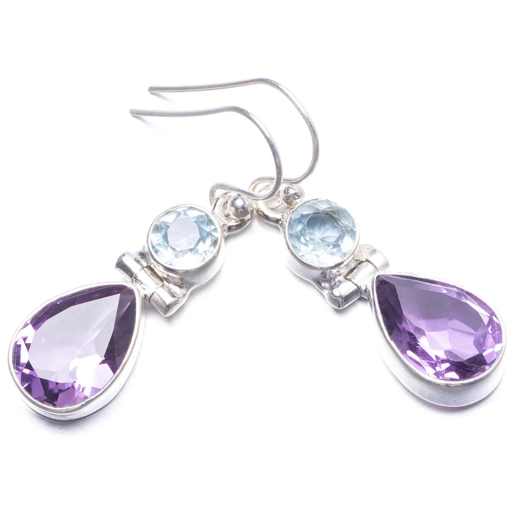 Natural Amethyst and Blue Topaz Handmade Unique 925 Sterling Silver Earrings 1 1/2&quot Y2202 | Украшения и аксессуары