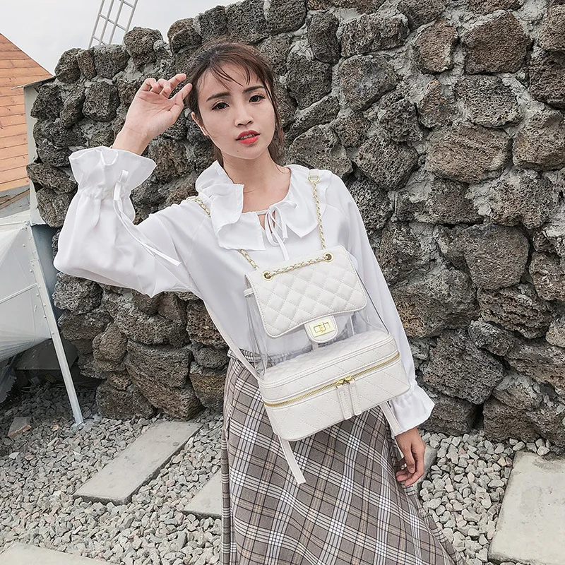 

Transparent female shoulder bag 2018 new student bag summer jelly woman Transparent backpack multi-layer chain travel bag