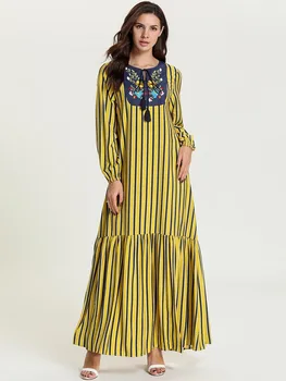 

Plus-size women's yellow striped dress with long sleeves and round neck