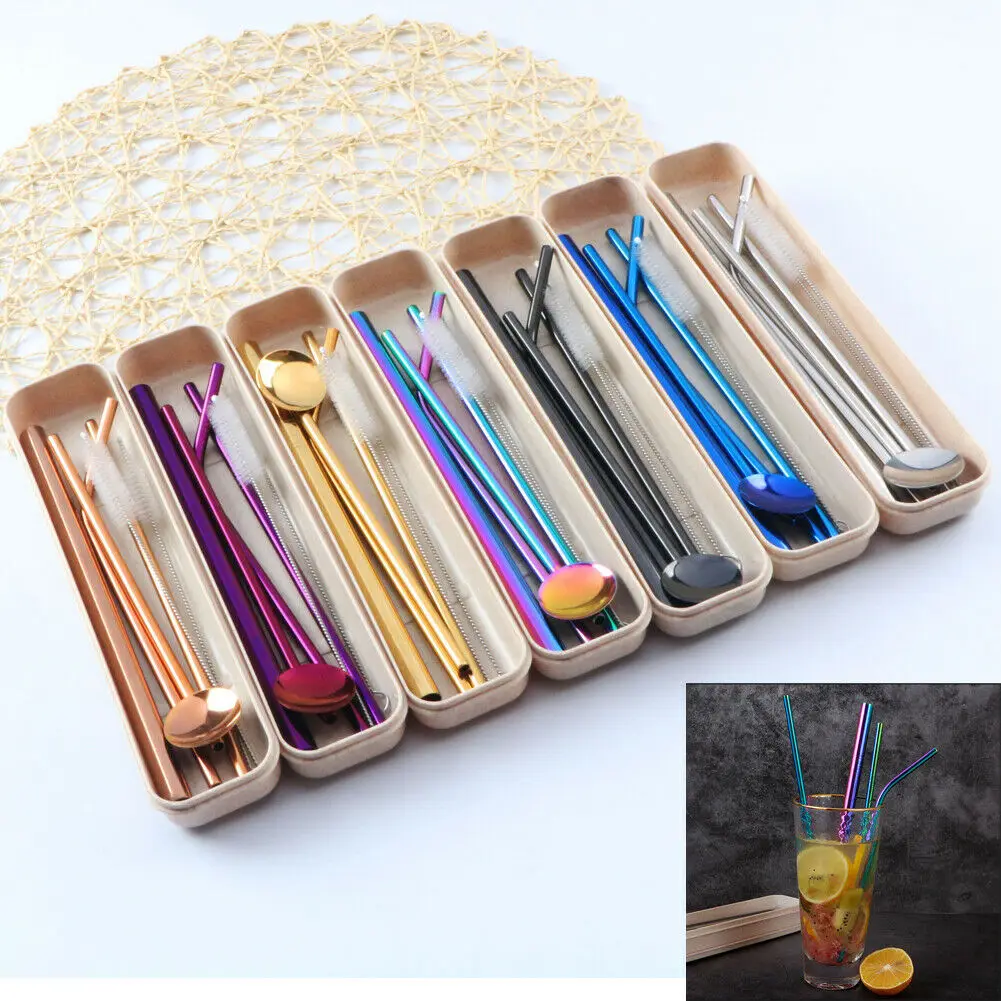 

4Pcs Set Reusable Stainless Steel Metal Straw Drinking Straws Washable With 2 Cleaning Brush For Mugs