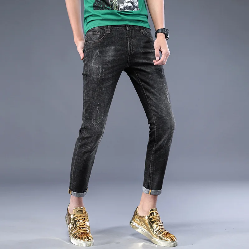 Men Jeans Stretch Skinny Washed Distressed Casual Men Denim Jeans Black ...