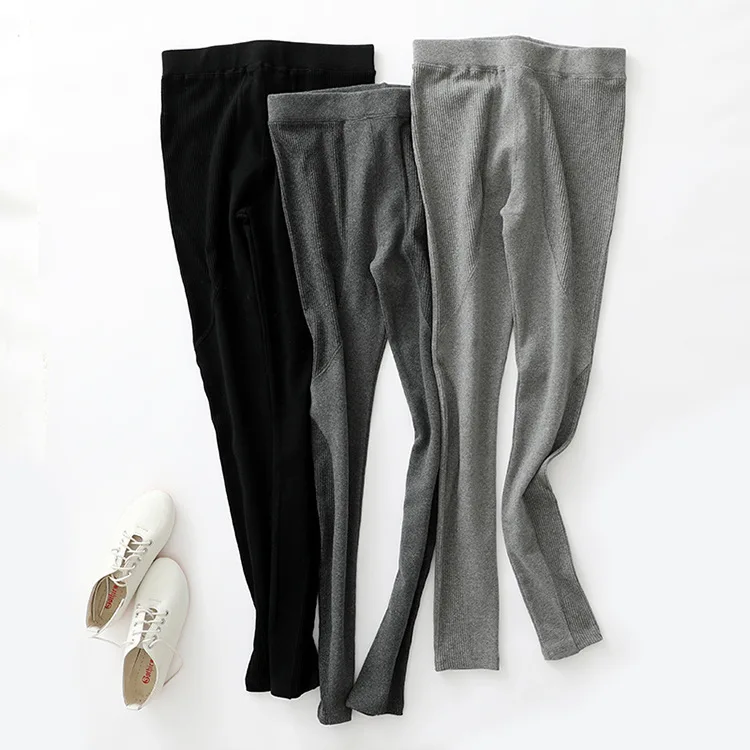 Корейские ребристые женские Стрейчевые повседневные хлопковые брюки с высокой эластичной талией, большие размеры, женские Лоскутные узкие брюки-карандаш, леггинсы