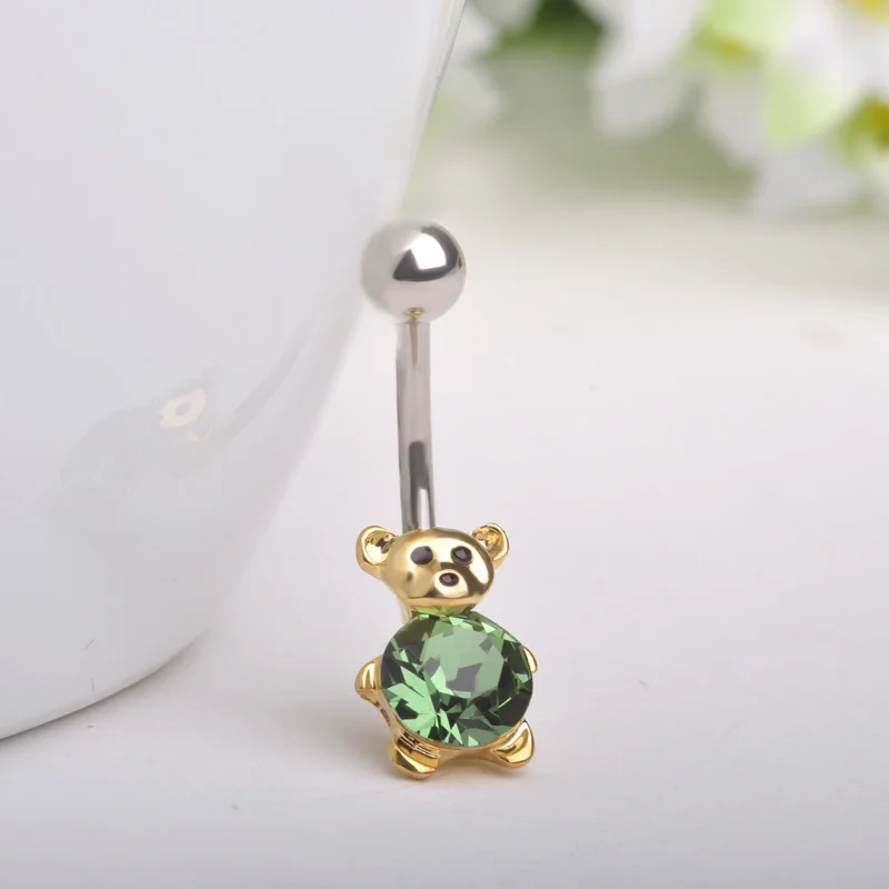 

Lovely Green Bear Navel Belly Button Rings Gold-Color Prong Setting Stones Animal Piercings Women Girls Summer Accessories