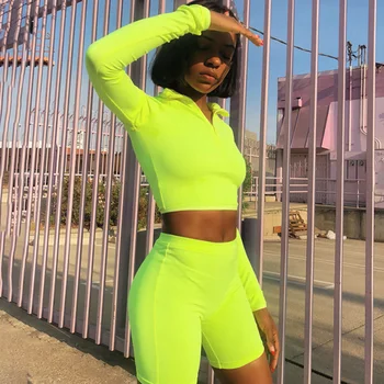 

Turtleneck Casual Long Sleeve Summer Top Shorts Solid Crop Top Sexy Sport Fashion Women Two Pieces Set High Waist Slim Fit