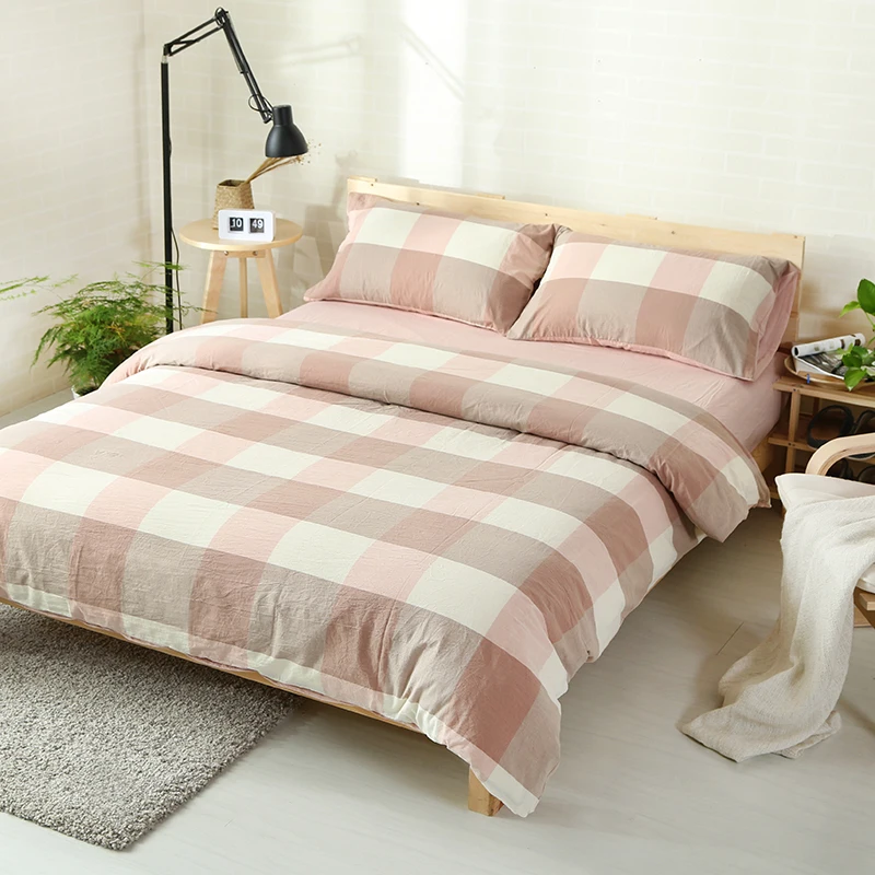 4pcs 100 Washed Cotton Old Fashion Style Plaid Duvet Cover Set