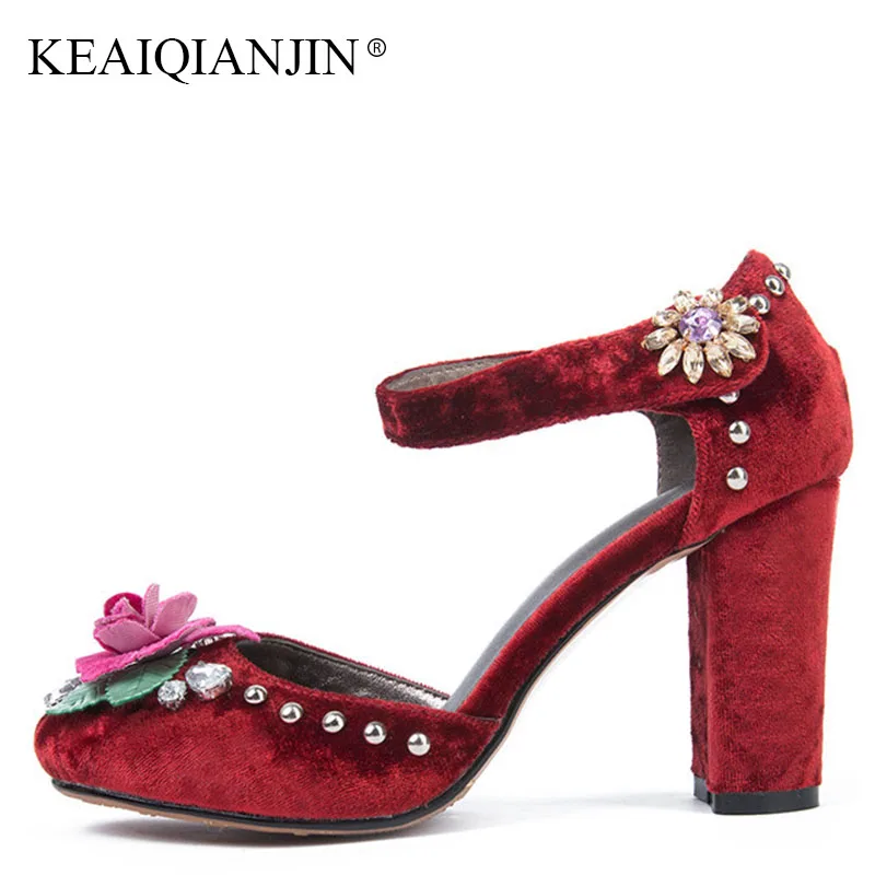 

KEAIQIANJIN Woman Genuine Leather Rivet Sandal Fashion Flock High Heeled Shoes Plus Size 33 43 Sexy Genuine Leather Sandal 2018