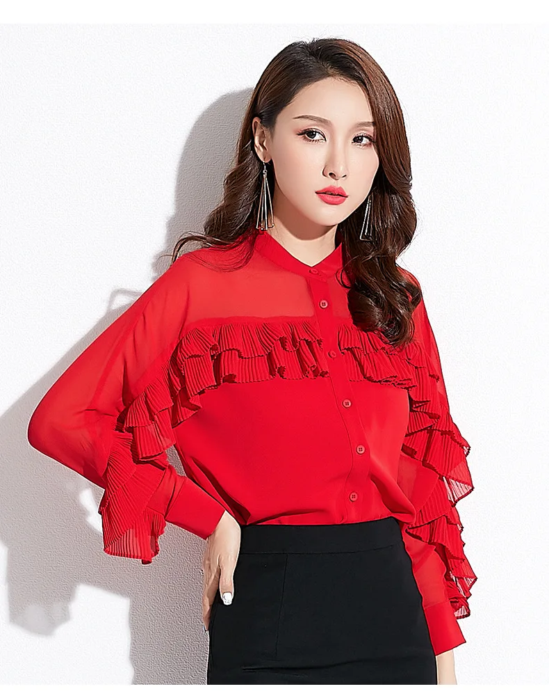 INNASOFAN OL Women's shirt Spring-summer chiffon blouse Euro-American fashionable chic long-sleeved shirt and shuttlecocks