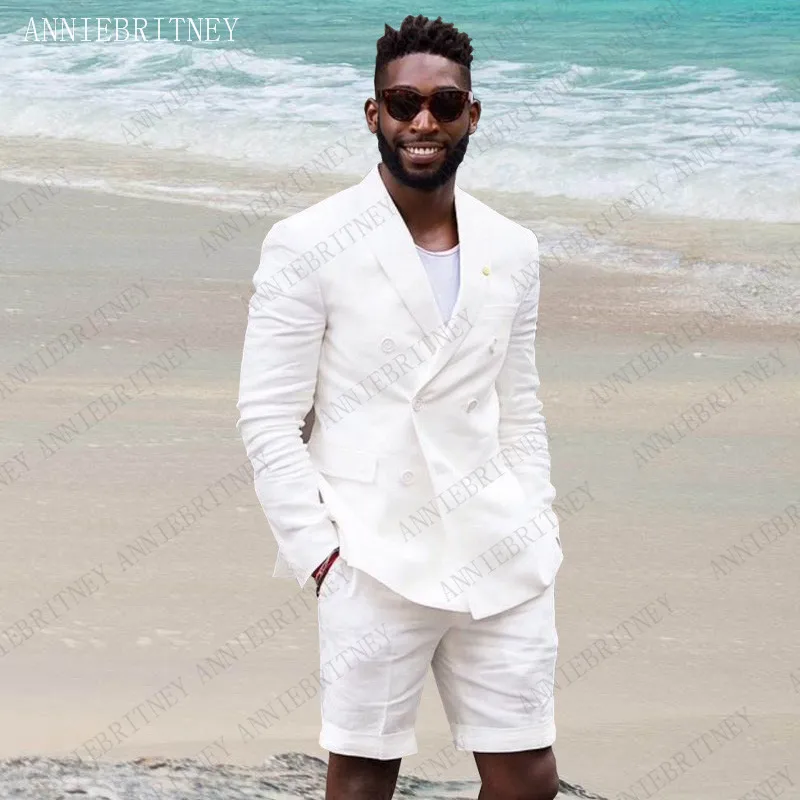 

ANNIEBRITNEY Double Breasted Suit Summer Costume Mariage Homme Black White Grey Blue Beige Suit Set Casual Suit with Short Pants