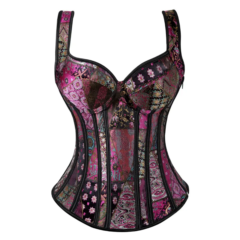 Women's Gothic Lace Up Corset Jacquard Shoulder Straps Tank Overbust Corset Bustiers Sexy Purple