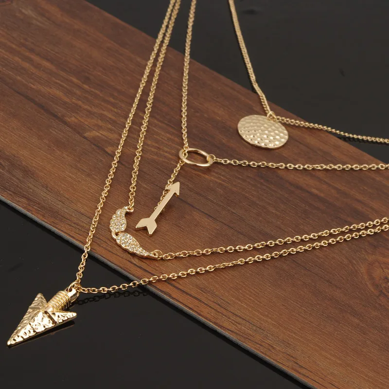 

new trendy multi layer necklace stainless steel Angel wings arrow Combination for women initial necklace Hot Wholesale