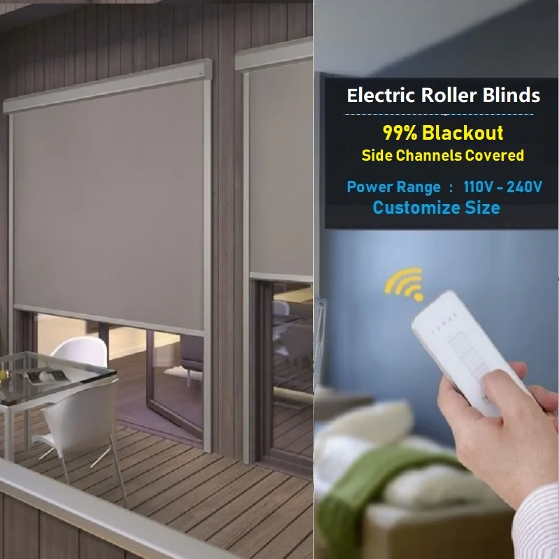 

Motorized Blackout Roller Blinds Curtain Side Channels Covered Customize Size Manual or Electric