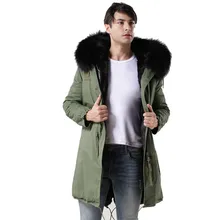 Новое меховое мужское толстое теплое зимнее ветрозащитное пальто с капюшоном зеленое пальто с воротником из меха енота