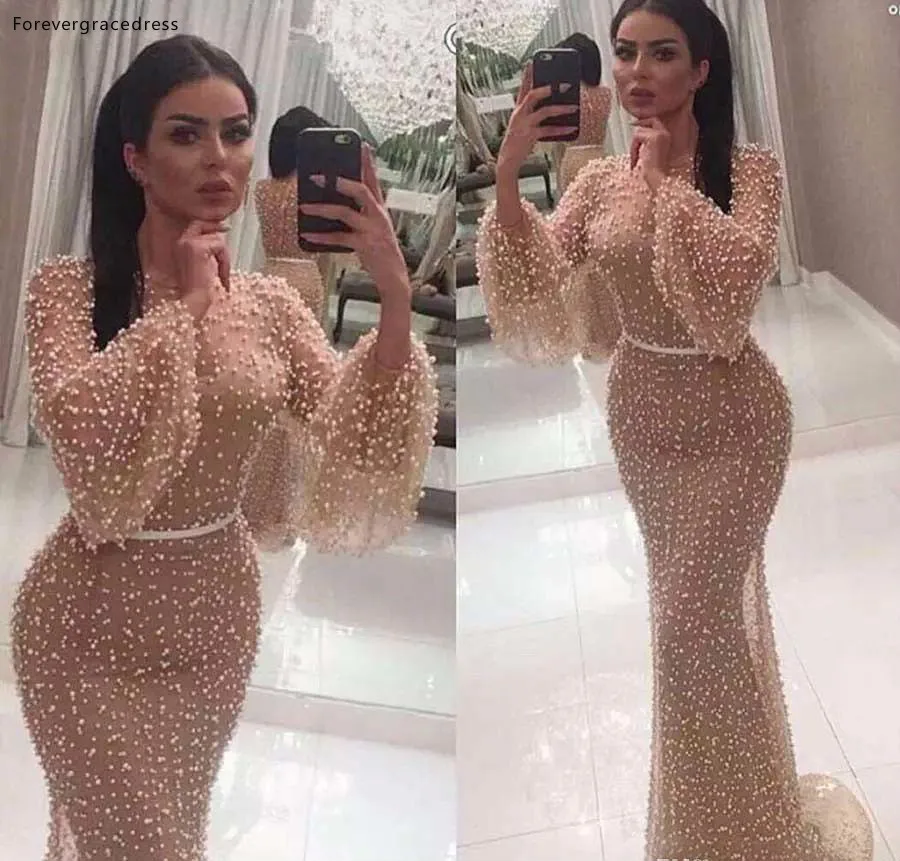 

2019 Cheap Saudi Arabic Evening Dress Beaded Poet Long Sleeves Holiday Women Wear Formal Party Prom Gown Custom Made Plus Size