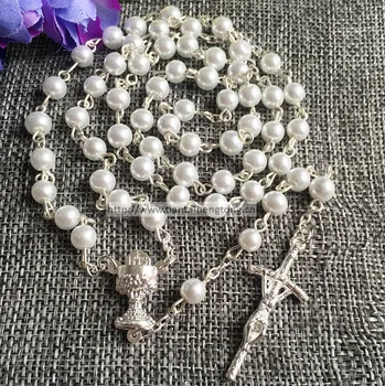 

free shipping 5pc/pack 6mm glass Imitation pearl bead rosario,pearl rosary N1326 with Chalice center special offer