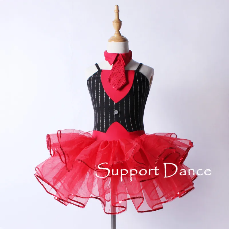 

Black Red Ballet Tutu Dress Toddler Girls Women Contemporary Dance Costume With Removable Paillette Necktie C286