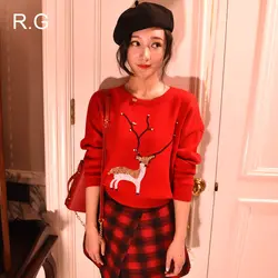 RG женщина свитер Пуловеры для женщин с длинным рукавом бежевый серый и красный цвета Цвет Для женщин пуловеры; свитеры с олень тянуть Femme Hiver