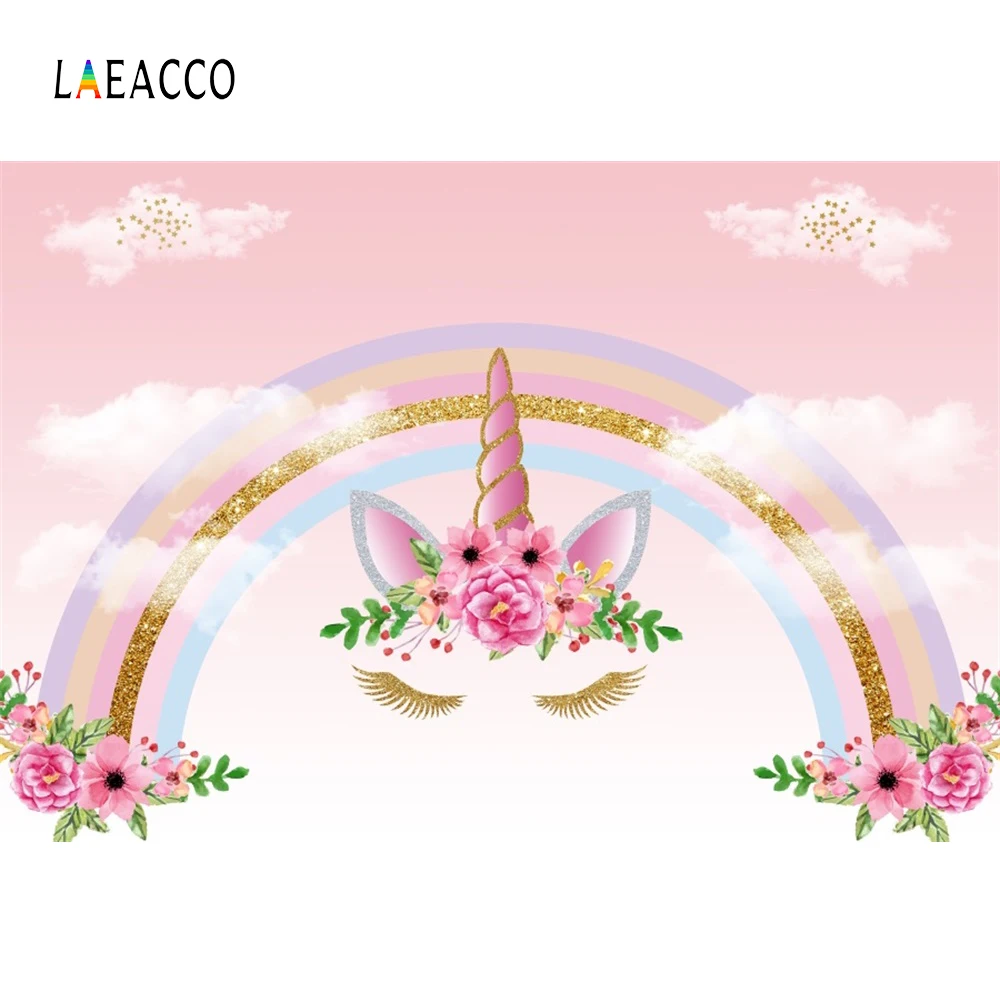 

Laeacco Cartoon Rainbow Unicorn Party Flower Baby Photography Backgrounds Customized Photographic Backdrops For Photo Studio