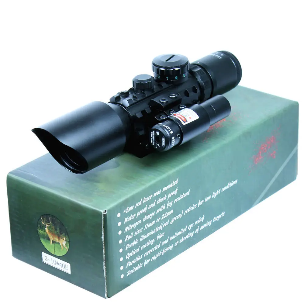 

High Quality 3-10x40 Tactical Rifle Scope Red Laser Dual illuminated Mil-dot w/ Rail Mounts Combo Airsoft Weapon Sight Hunting