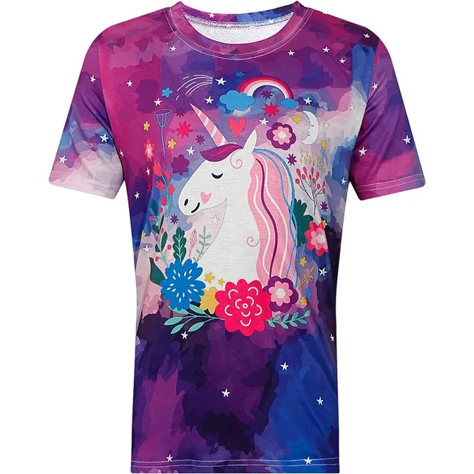 Футболка для Для женщин летние шорты рукавом с цветочным рисунком Единорог печатных футболка Топ для девочек узор футболка Повседневное Фиолетовый Футболка
