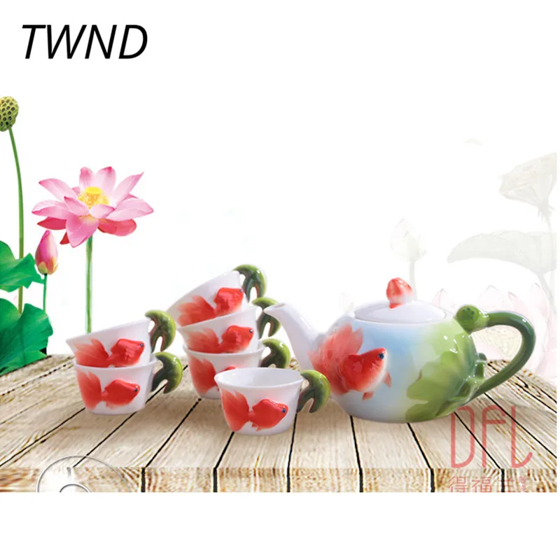 

Color Enamel Goldfish Tea Pot Cup Set Kung Fu Kettle Mug Creative Drinkware 31.6