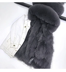 Зимняя куртка, пальто, женская белая джинсовая куртка, настоящий большой воротник из лисьего меха, с капюшоном, с подкладкой из кроличьего меха, свободная куртка, корейский бренд - Цвет: white coat gray fur