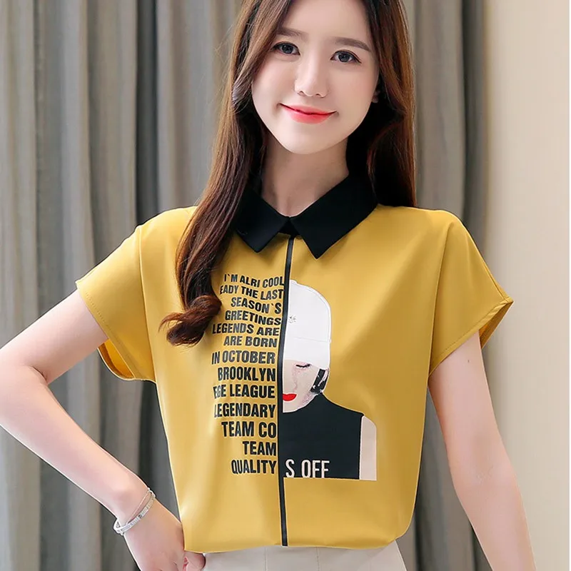 

Summer Blouse Women Korean Style Turn Down Collar Short Sleeve Letter Print Pullover Chiffon Blouse blusas mujer de moda 2019