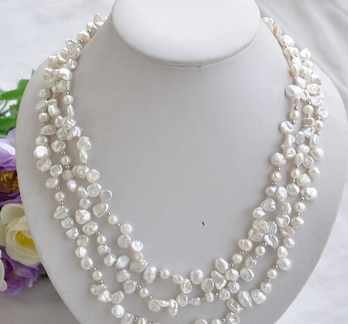 

Jewelr 005475 3row WHITE BAROQUE lamina KESHI REBORN PEARL NECKLACE