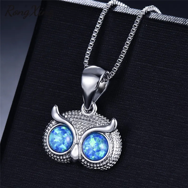 

RongXing Blue/White Fire Opal Stone Owl Pendant Necklaces for Women 925 Silver Filled Animal Jewelry Punk Necklace Birthday Gift