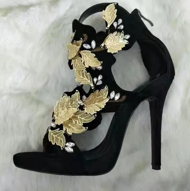 Women Luxurious Black Red Suede Gold Leaf Embellished Dress Sandals