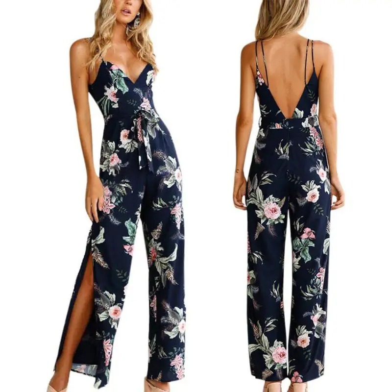 

spaghetti strap high waist short overalls split wide leg Sexy v neck v back floral print jumpsuit romper women summer pants