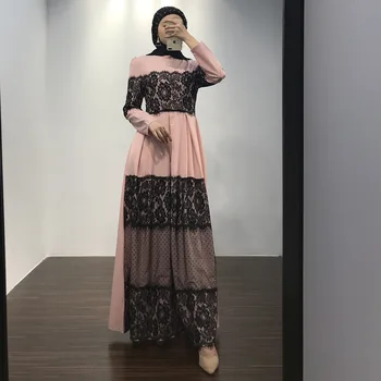

Middle East Turkey Summer Ramadan Lace Long Sleeve Dress Muslim Pleated Loose Dressing Lady Robe Over Knee Thin Skirt