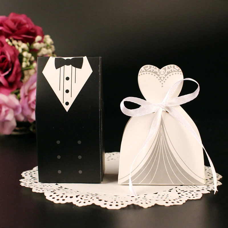 10Pcs Candy Box Bridal Gift Cases Groom Tuxedo Dress Gown Ribbon Wedding Favors Sugar Case Wedding Decoration mariage casamento