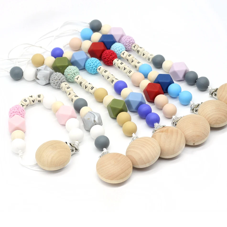 Personalized Name Silicone Bead Teething Pacifier Clip Wood Beads Nursing Clip Paci Clip Toy Binky Binkie Clip Baby Shower Gift