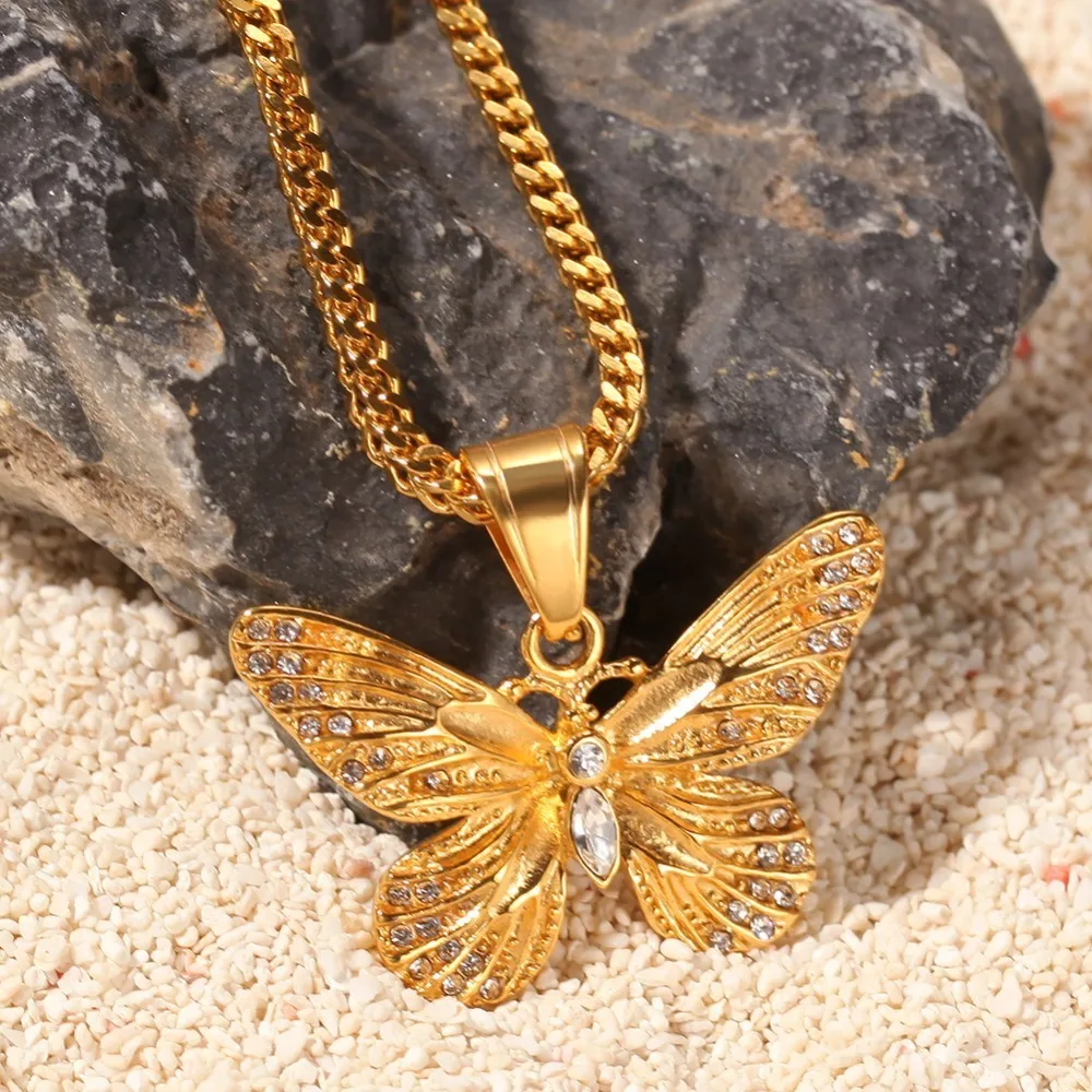 UWIN Высокое качество нержавеющая сталь подвеска ожерелья в виде бабочки сталь/золотого цвета в стиле хип-хоп ювелирные изделия со льдом Стразы подарки для мужчин и женщин