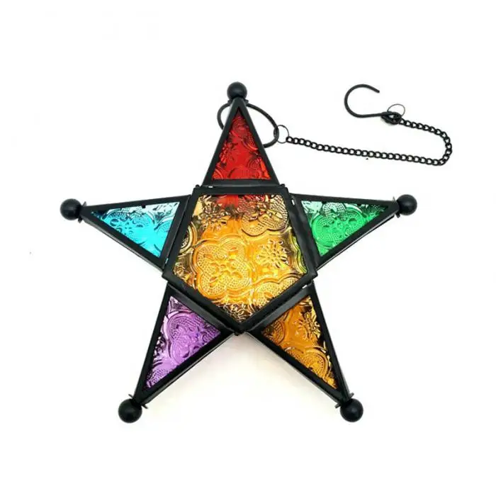 Five-pointed Star Candle Holder Moroccan Style Hanging Glass Metal Lantern TN99