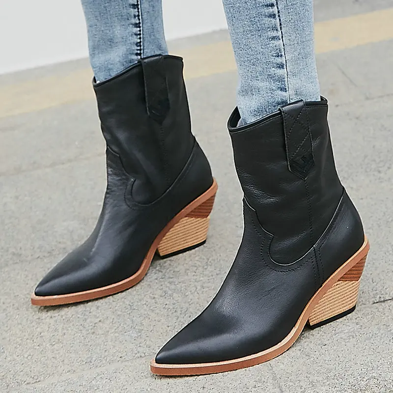 

2019 New White Black Ankle Boots Women Leather Wedges Western Boots Pointed Toe Autumn Winter Fashion Boots