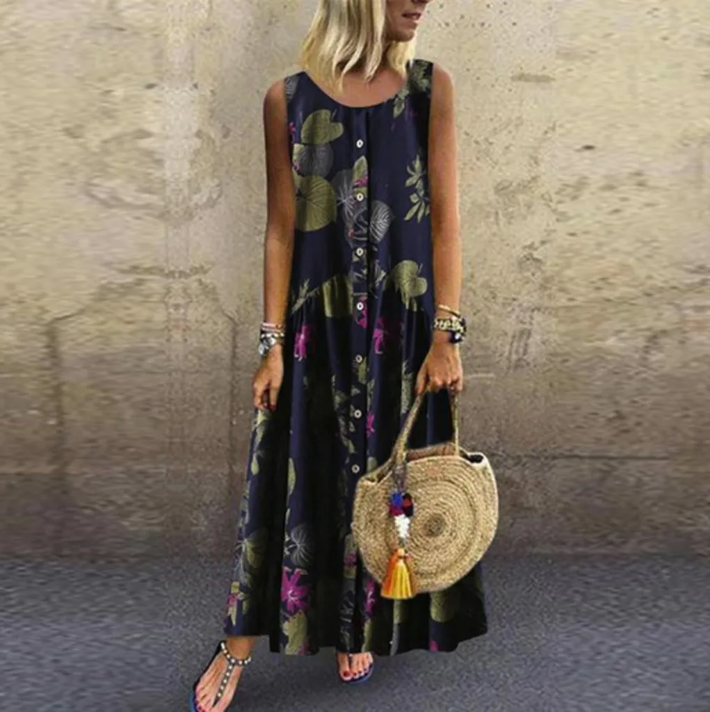 

2019 New Women Long Plus Size Dress Bohemian Summer Ladies O-Neck Floral Print Sleeveless Button Maxi Dresses vestidos de verano