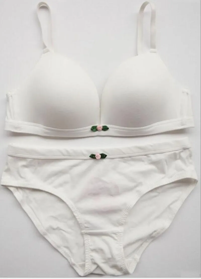 Women Cotton Elegant Bra Set Simple Wire Free Pure Comfortable Underwear Fresh Daily Wear Lingerie with Panties Brief Set
