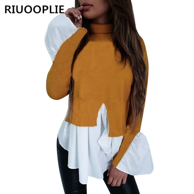 RIUOOPLIE Женская мода с длинным рукавом оборки Топы Повседневная Свободная кофточка