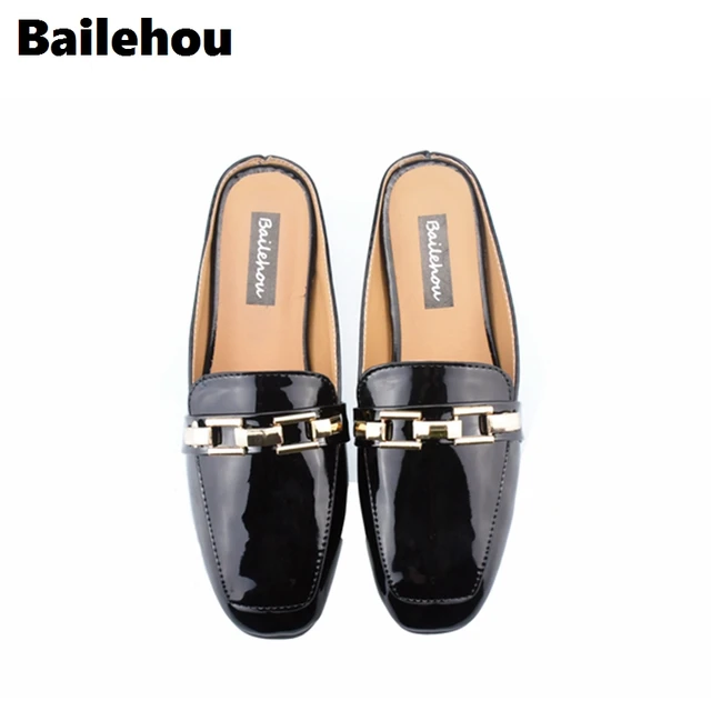 Bailehou Fashion Women Pumps Casual Women Slides Square Toe Low Heels Mules Slip-on Slippers Chain Button Leisure Retro British