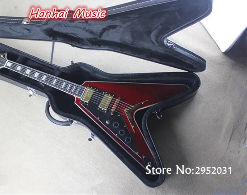 

Free Shipping-Electric Guitar,Flying V Shape,Gold Hardware,Left-hand,String-thru-body Design,with Hard Case,can be Custom