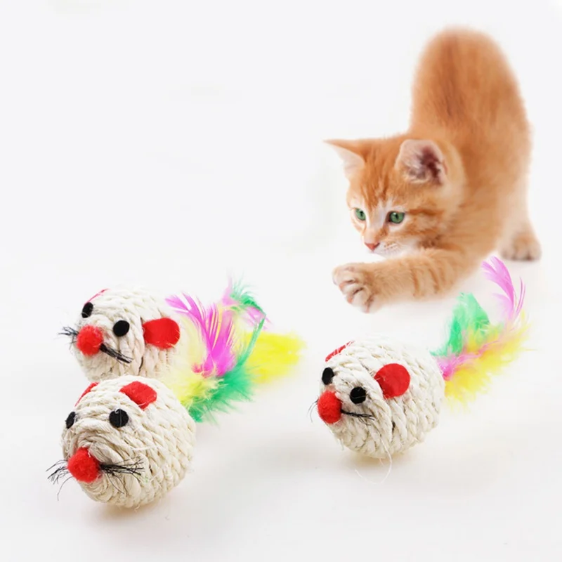 

3 Pcs Natural Sisal Mice Ball Cat Toy Kitten Feather Sisal Rope Mouse Rattle Scratcher Catcher Toy Pet Supplies Gatos