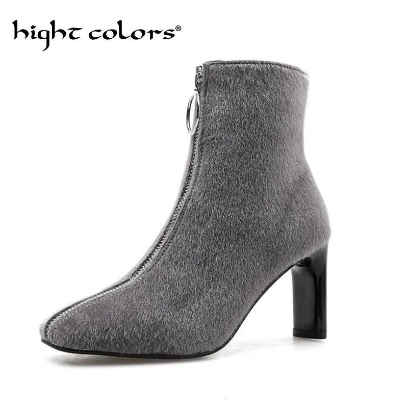 

Woman The New Square High Heel Horsehair Ankle Boots Fashion Zipper Dress Ladies Boots Black Gray Leopard Size 34~39