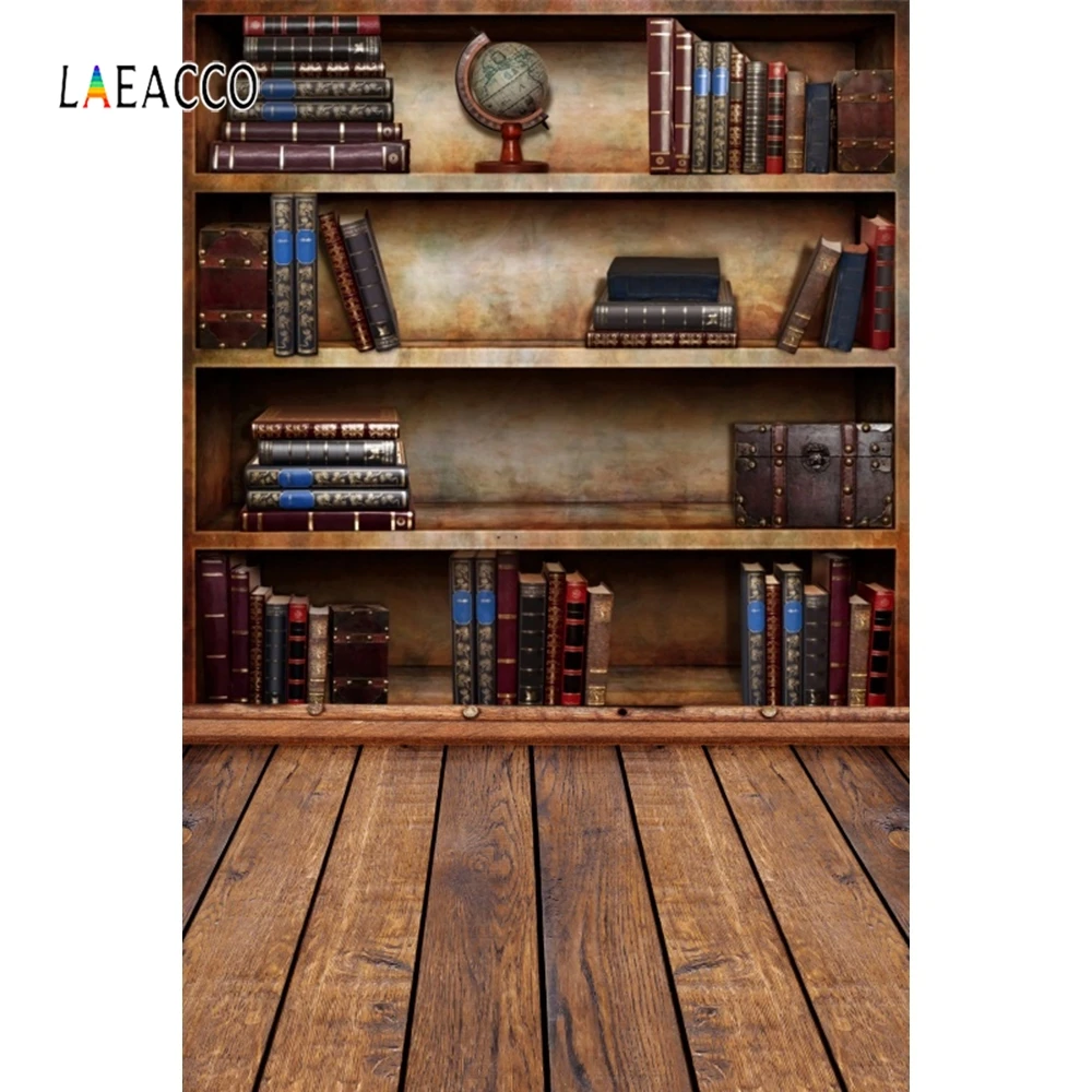 

Laeacco Child Library Wooden Floor Old Bookshelf Book Photography Backgrounds Customized Photographic Backdrops For Photo Studio
